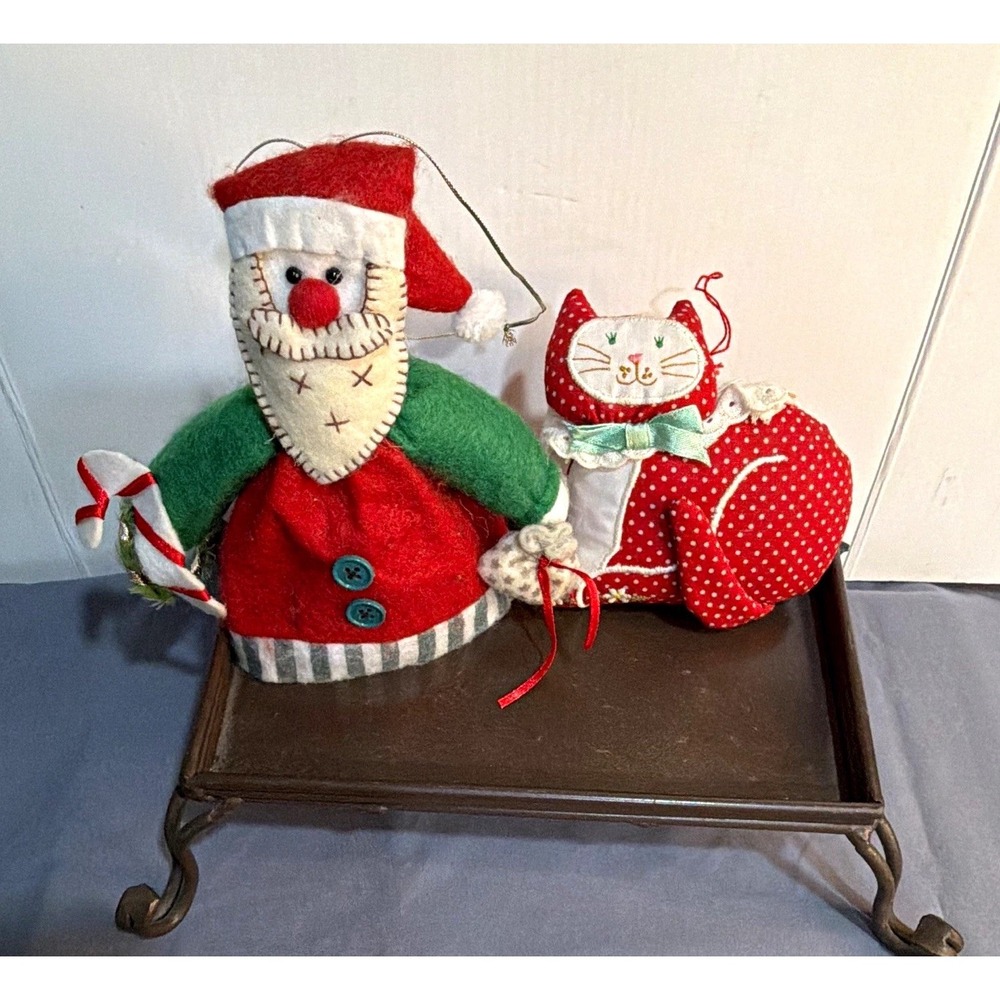 VTG Primitive Christmas Fabric Ornaments Lot - Folk Art Santa & Polka Dot Cat 5"